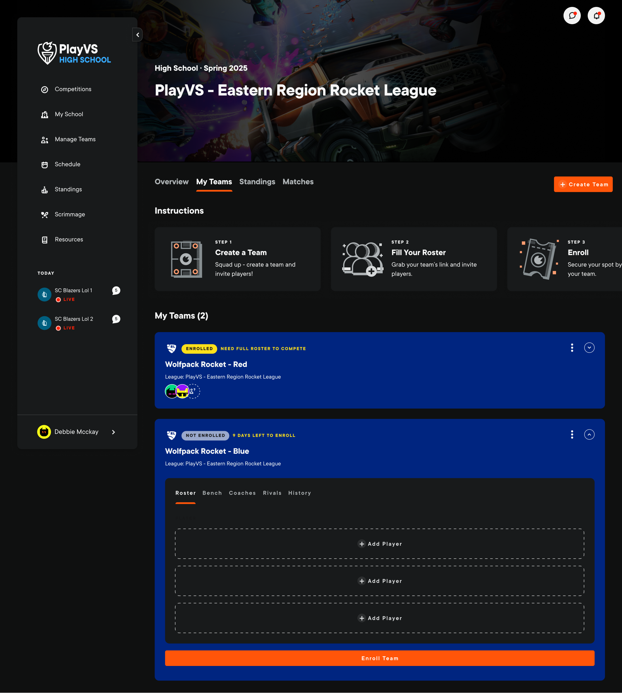 The same PlayVS team management experience in the dark theme