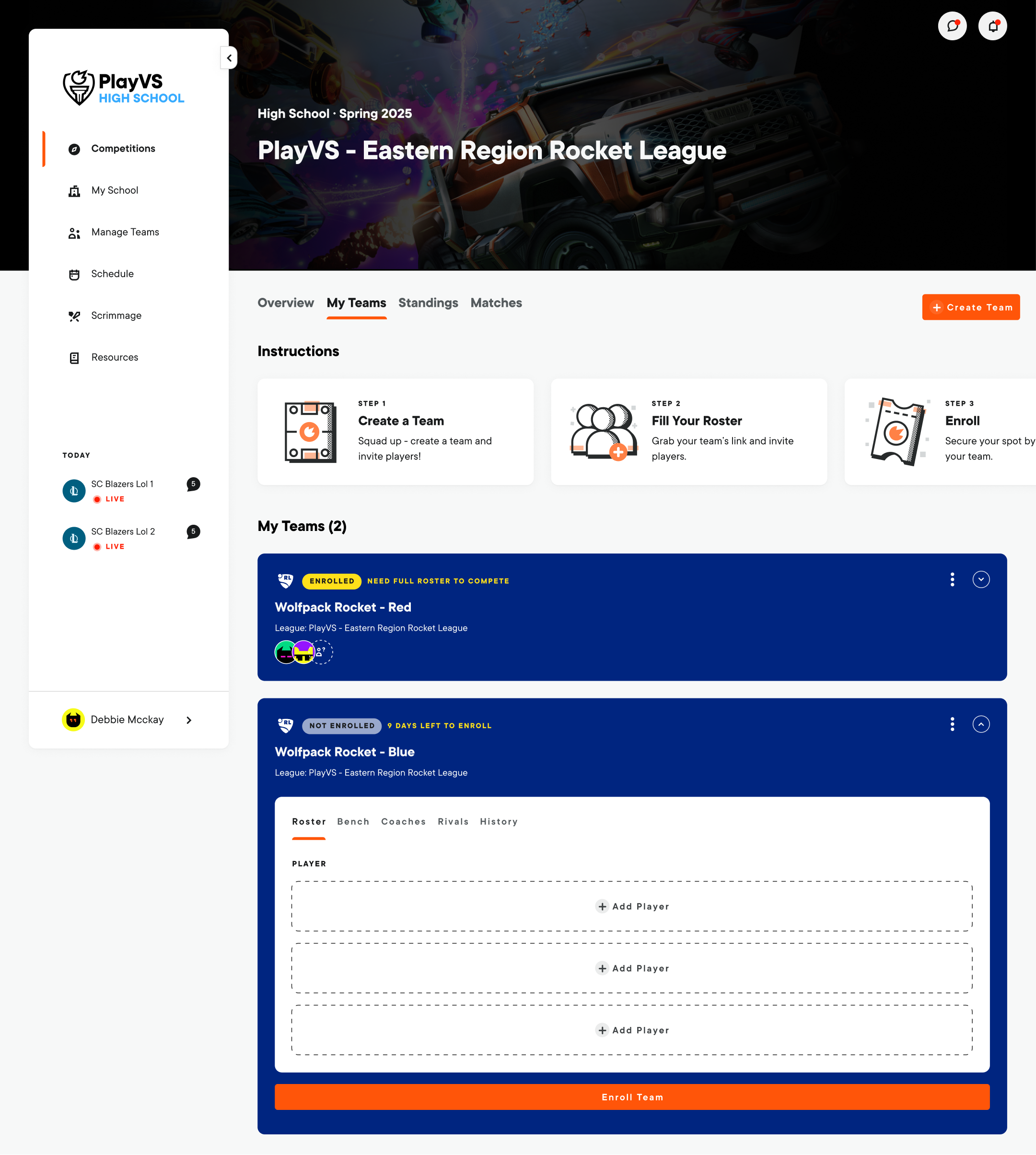 PlayVS team management experience in the light theme